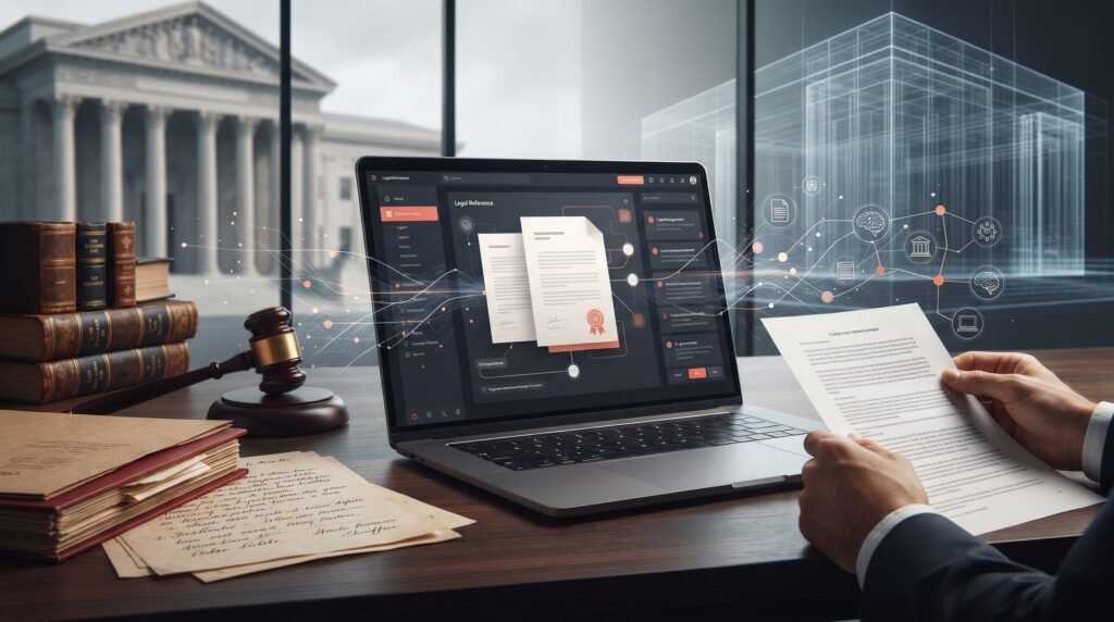 Inteligencia artificial en el Derecho: escritorio de abogado con expedientes y un portátil analizando documentos jurídicos